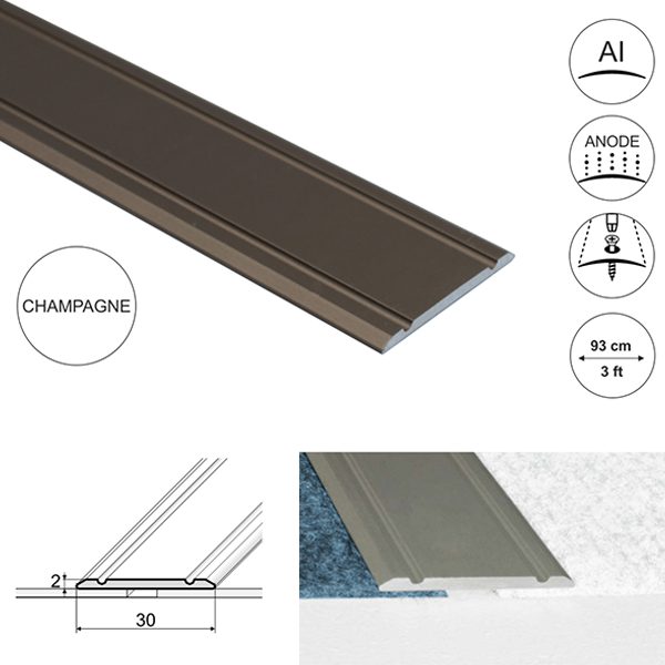 30mm Wide Aluminium Flat Door Threshold  Screw fix For Wooden, Laminate, Carpet Vinyl Flooring