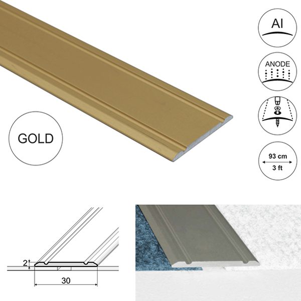 30mm Wide Aluminium Flat Door Threshold  Screw fix For Wooden, Laminate, Carpet Vinyl Flooring