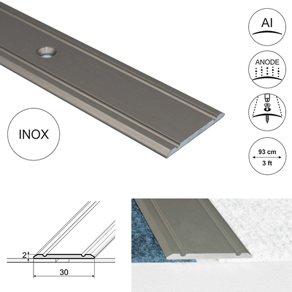 30mm Wide Aluminium Flat Door Threshold  Screw fix For Wooden, Laminate, Carpet Vinyl Flooring