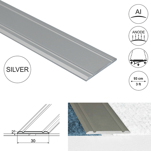 30mm Wide Aluminium Flat Door Threshold  Screw fix For Wooden, Laminate, Carpet Vinyl Flooring