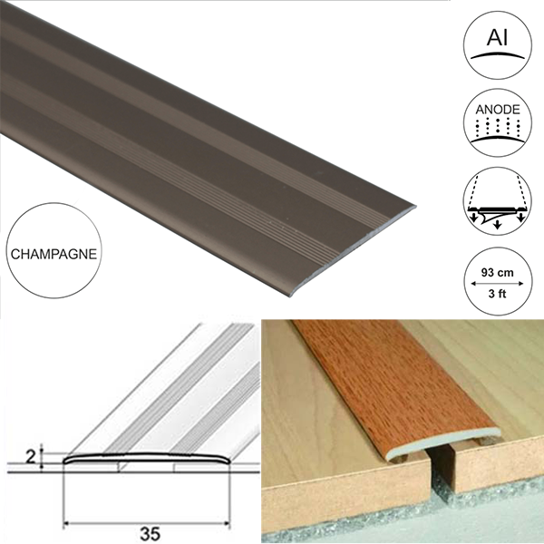 35mm Wide Flat Aluminium Door Thresholds Self Adhesive, Floor Trim