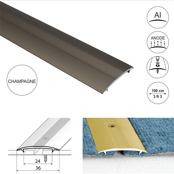 36mm Wide Aluminum Twin Grip Joining Carpet to Carpet Threshold Strip