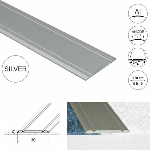 30mm Wide Aluminium Flat Door Threshold Self Adhesive For Wooden, Laminate, Carpet Vinyl Flooring